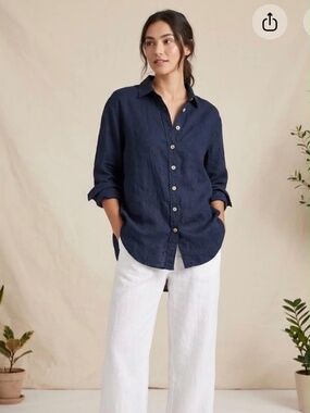 Quince 100% European Linen Long Sleeve Button Down Shirt Size S Deep Navy Blue